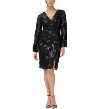 Adrianna Papell Sequined Long Sleeve Midi Sheath Cocktail Dress Black Size 8
